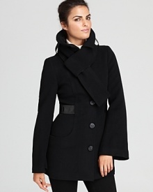 An attached scarf and luxe leather details lend cosmopolitan chic to this Mackage coat.