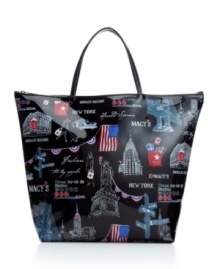 This tote features the iconic sites of New York City, home to Macy's famous flagship store: the Statue of Liberty, the Brooklyn Bridge and of course Herald Square! American flags give it a patriotic spirit.