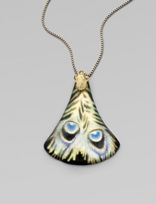 A graceful, bell-shaped pendant of hand-sculpted, hand-painted Lucite reflects the exotic patterns an rich colors of a peacock feather, and hangs from a bold box chain with a Swarovski crystal-set bale.LuciteCrystalGoldtoneBronze and gunmetal platedLength, about 18 with 3 extenderLobster claspMade in USA