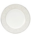 This versatile and stylish salad plate will coordinate perfectly with a variety of table linens and flatware. An ornate scroll motif trimmed in platinum adds a sophisticated sensibility to your tabletop.