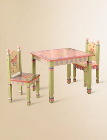 From the Magic Garden Collection. This cheerful, hand-painted 3-piece set will host many tea parties and other playtime activities.Includes table and two chairs Hand-painted with scalloped edges Table measures 28W X 22½H X 23½D Constructed of MDF Imported Recommended for ages 3 and up Please note: Some assembly may be required. 