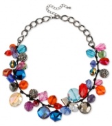 Cover the full fashion spectrum with this frontal necklace from Haskell. Crafted from hematite-tone mixed metal, the necklace is adorned with faceted beads and glass stones in an array of hues. Approximate length: 19 inches + 3-inch extender. Approximate drop: 1 inch.