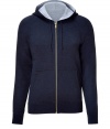 Luxe pullover in sumptuous, cashmere and silk blend - Truly comfortable, thanks to a generous amount of stretch - Elegant navy exterior and light grey lining - Drawstring hood and kangaroo pockets - Zips at front - A stylish, classically cool go-to in any wardrobe - Versatile and elegant, ideal for everyday - Pair with chinos, jeans and shorts