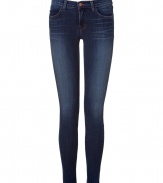 Every modern wardrobe deserves a pair of stylish skinny jeans, and J Brands washed blue pair promises a sleek silhouette - Low rise, curve-hugging cut - Whisker detail and slimming lighter rinse through thighs - Pockets at hips and rear - Belt loops and button closure - Polished and undeniably chic, ideal for any number of occasions - Pair with a silk blouse, leather jacket and pumps, or go for a more casual look with an oversize cashmere pullover and ballet flats