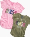 Confident cute. Shirred smocking accents on the sides of these tees from Guess give them a simple style that's perfect for summer.