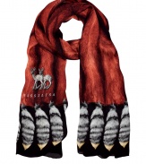 Unleash your wild side and elevate streamlined Downtown looks with London It-label Vassilisas red foxtail print scarf - Lightweight and sumptuously soft in pure, multicolor silk - Long, moderately wide style with animal graphic trim and logo detail at hem - Wrap, tie or knot around the neck or shoulders and pair with everything from jeans and a leather jacket to a fitted minidress and blazer