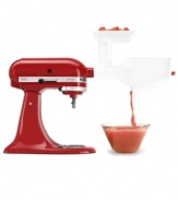 Don't strain yourself-this versatile tool attaches to all KitchenAid Stand Mixers to stain, puree and grind at the touch of a button. Including a fine plate for raw or cooked meat and dried bread & a coarse plate for firm veggies and dried fruits, this strainer makes prep effortless. Model FVSFGA.