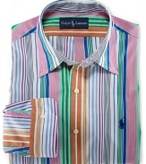 Tailored in a relaxed, classic fit from crisp cotton poplin, a long-sleeved sport shirt is given a handsome update with a vibrant, colorful striped pattern.