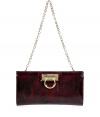 Give dressy evening looks an exquisitely luxurious polish with Salvatore Ferragamos rich bordeaux python clutch - Hidden magnetic top snap, removable chain link shoulder strap, chocolate sueded lining with back wall slot pocket - Wear with tonal evening gown and jet black strappy sandals