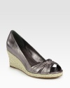 Ruched metallic leather peep toe, grounded by a textured espadrille wedge. Hemp-covered wedge, 2½ (65mm)Hemp-covered platform, ½ (15mm)Compares to a 2 heel (50mm)Leather upperLeather liningRubber solePadded insoleImportedOUR FIT MODEL RECOMMENDS ordering true size. 