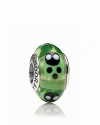 Lucky ladybugs adorn this colorful murano glass charm. Logo-engraved sterling silver trim displays the PANDORA signature.