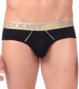 New from 2(x)ist: The Gold Range, so named because it sets the gold standard for fashion-forward underwear. Here, its No-Show Brief with the company's trademark Contour Pouch, constructed in soft, stretch Modal with gold seam highlights and a gold metallic waistband.