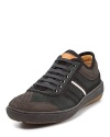 A super-modern sneaker from Bally, with contoured suede, leather and nylon panels and heavy stitching and stripe accents.