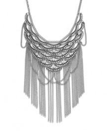 Fringe benefits. This sassy statement necklace from Bar III combines long layers of trendy chains, sparkling glass crystals, and a silver and hematite-plated mixed metal setting. Approximate length: 23 inches + 3-inch extender. Approximate drop length: 7 inches. Approximate drop width: 8 inches.