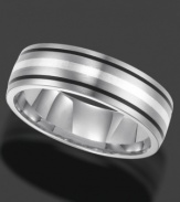 Dashing in design, this Triton ring features a stylish striped design and comfortable fit. Crafted in titanium with white and black resin inlay. Approximate band width: 7 mm. Sizes 8-15.