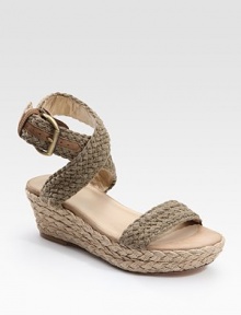 Hand-crochet cotton espadrille with adjustable ankle straps and a slight wedge. Natural jute wedge, 2½ (65mm) Platform, 1½ (40mm) Compares to a 1 heel (25mm) Hand-crochet cotton upper Leather lining Rubber sole Padded insole Imported