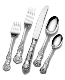 Like royal English armor, this fine sterling silver flatware goes to task with efficiency as well as opulence. Introduced during the reign of George IV, the Queens pattern features ornate shells, scrolls and floral designs with immense detail. Comes in a solid wood chest.