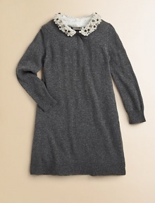 A charming pearl and rhinestone-embellished collar adds glamorous style to a classic sweater dress.Removable pearl and rhinestone embellished collarLong sleevesButton detail at collarPullover styleViscose/Polyamid/CashmereRemove collar and hand washImported