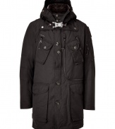 Stay warm and incredibly stylish in this utilitarian-cool down coat from Parajumpers - Hooded with faux-fur lining, snap-detailed yoke at neckline, concealed front zip closure with button placket, flap and zip pockets, long sleeves, elasticized waistline, zip-detailed back vent, removable quilted lining - Slim fit - Wear with straight leg jeans, a cashmere pullover, and boots