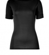 Polish your workweek basics with Ralph Lauren Blacks cuffed-sleeve tee, a luxe alternative for chic casual looks - Boat-neckline, cuffed elbow-length sleeves - Long lean fit - Wear with everything from favorite skinnies and loafers to circle skirts and heels