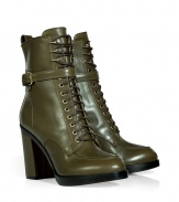 Fashion-forward looks get a utilitarian-chic polish with Givenchys deep pistachio lace-up leather boots, detailed with spiked hardware for that cool, hard-edged finish - Rounded toe, buckled strap, hidden inside zip, pull tab, blocky heel, welted thick leather sole - Pair with leather leggings and edgy outerwear for a laid-back luxe look