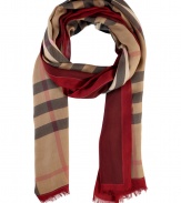 Perfect for taking through all four seasons, Burberry Londons rich red claret detailed scarf is an elegant way to wear the brands covetable check - Tonal red border with printed stitching, logo print on check, frayed ends - Wrap around sophisticated looks both indoors and out