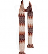 Stylish scarf in a lightweight rayon-wool blend - Typical Missoni pattern in nougat - Fashionable shape, medium wide and beautifully long - Protection from the cold AND a trendy accessory - A glam upgrade for virtually everything in your wardrobe, from a simple T-shirt, over a chic sheath dress or a classic blazer or coat