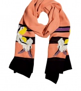 Luxe scarf in sumptuous, 100% pure silk - Lightweight stole style drapes beautifully - On-trend, Deco-inspired coral and black colorway - Elegant purple and yellow floral embroidery - Delicate beaded embeliishment - A sophisticated standout and must for accessorizing simple, streamlined looks - Pair with a sheath dress, button down blouse, or style with a biker jacket