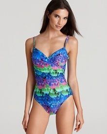 In vibrant brights, Gottex's Esthera one piece suit boasts a surplice neckline and gilded gold-tone details.