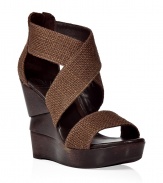 Add style to your outfit and length to your legs with these platform wedge heels - Wide crisscross burlap straps add complimentary texture to the smooth, stacked wood wedges - Rounded open toe - Back zip features gold-colored pull - Wear with floral sundress, pencil skirts or cropped skinny jeans