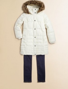 She'll brave the elements in style in this down-filled, quilted anorak design featuring ribbed knit cuffs