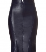 Luxe skirt in sumptuously supple, navy blue leather - A sexy standout from cult French leather label Jitrois - Classic, curve-hugging pencil cut with new, higher waist and gently flared hem - Diagonal seams flatter and accentuate the hips - Hits above the knee, zips at back - Slickly stunning, a must for day or evening - Dress up with a button down blouse, blazer and pumps, or go for a slightly more casual look with flat sandals and a silk top