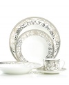 Intricate trim and scrolling vines in sparkling platinum make the Cru Athena place settings a fine-dining sensation and, in dishwasher-safe porcelain, a dream for after dinner as well. Timeless silhouettes elevate the pattern with undeniable grandeur.