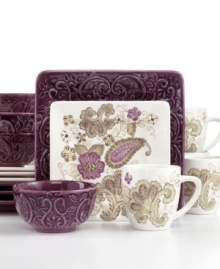 A little bit of everything. Laurie Gates layers texture- and pattern-rich plates, bowls and mugs in the perfectly put-together Melrose dinnerware set. A palette of purple and khaki lend rich sophistication to contemporary settings.