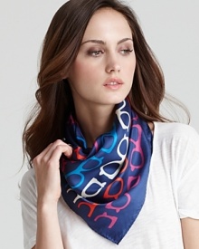 Colorful glasses embellish a silk twill scarf, a sunny style from MARC BY MARC JACOBS.