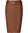 Luxurious brown washed Tuscany lamb Pembroke skirt- Make a statement in this figure-hugging pencil skirt - Stylish attached belt and back slit - Wear with a cashmere pullover and heels for updated office attire - Try with a pattern blouse and platforms