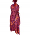 Super-luxurious dress in fine printed silk - Bright orange and purple animal print brings energy to this glamorous design - Slim silhouette is backless with halter straps and wide waist belt - The skirt is draped elegantly and falls at the knee - Style for sophisticated summer events with platform sandals, wedges or peep toes