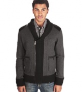 Look sharp in the standout accents of this zip-up cardigan sweater from Marc Ecko Cut & Sew.