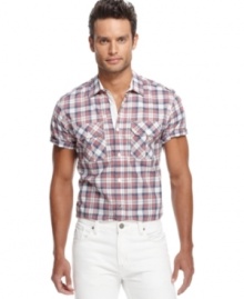 This plaid shirt from Marc Ecko Cut & Sew adds a pop of pattern to your casual look.