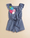 A precious romper is transformed into a stylish little ensemble with a snazzy belt and colorful flowers in a cool denim hue.Elastic squareneckPurl edge short flutter sleevesElastic waist with tie85% cotton/10% polyester/5% spandexMachine washImported