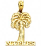 Cherish the beautiful Floridian city of Naples! Carved of 14k gold, this charm reads Naples and features a stoic palm tree. Chain not included. Approximate drop length: 4/5 inch. Approximate drop width: 3/5 inch.