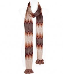 Stylish scarf in a lightweight rayon-wool blend - Typical Missoni pattern in nougat - Fashionable shape, medium wide and beautifully long - Protection from the cold AND a trendy accessory - A glam upgrade for virtually everything in your wardrobe, from a simple T-shirt, over a chic sheath dress or a classic blazer or coat