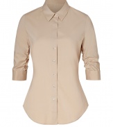 Both classic and cool with a flattering modern tailored fit, Steffen Schrauts desert smoke sleeve shirt is a chic choice packed with wearing possibilities - Classic collar, ruched 3/4 sleeves with stitched cuffs, button-down front, shirttail hemline - Tailored fit - Wear with bright flats, slim-fit separates and a carryall tote to work