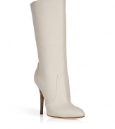 Make a bold statement in these attention-grabbing boots from Guiseppe Zanotti - Pointed toe, stacked wood stiletto heel, calf-length, pull-on style - Pair with a pencil skirt, a tie-neck blouse, fishnets, and a bold-shoulder blazer