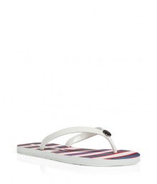 Stylish flip flops in multicolor rubber and plastic - A fun and functional warm weather accessory form New York cult label Marc Jacobs - White thong with logo embossed detail - Chic stripe motif and bird graphic in bold shades of blue, pink and red - Rubber upper and sole - Casually cool, great for the beach or pool and everyday leisure - Pair with jeans, shorts or a bikini