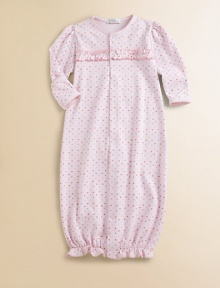 This soft cotton gown with mini hearts and ruffled trim can be converted to legs.CrewneckLong sleeves with mitten cuffsFront snapsBottom elasticOrganic pima cottonMachine washImported Please note: Number of snaps may vary depending on size ordered. 