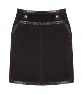 Luxurious skirt made ​.​.of fine, black suede - Particularly stylish with slightly shiny, smooth leather piping - Feminine slim cut, high waistband and accent buttons - Sexy mini short with pockets - A real figure knockout, combine sexy with a chiffon blouse and platform pumps, casual with a cashmere pullover and Western boots