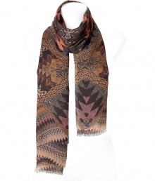 Luxurious scarf in a fine, nude modal-cashmere blend - Elegant multi color print, typical of Matthew Williamson - Wonderfully light and classy material with a zigzag edge - Beautifully long and wide - A dream accessory, sophisticated, trendy, super nice to wear - Ingenious upgrade for simple looks - Styling: for a chic shift dress, business blouse, biker outfit