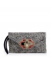 Add luxe appeal to any look with this edgy-cool spotted clutch from Etro - Classic envelope shape, front flap with turn-lock closure with brass-tone and crystal embellishment, small side handle, all-over spotted print - Pair with a cocktail sheath or wide leg trousers and a sheer blouse