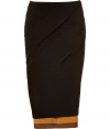 With an edgy-cool layered detailed hem and a figure-hugging silhouette, this versatile pencil skirt from Donna Karan is a must-have piece - Front and back draped details, fitted silhouette, layered hem - Style with a modernized button up, platform pumps, and a shoulder bag